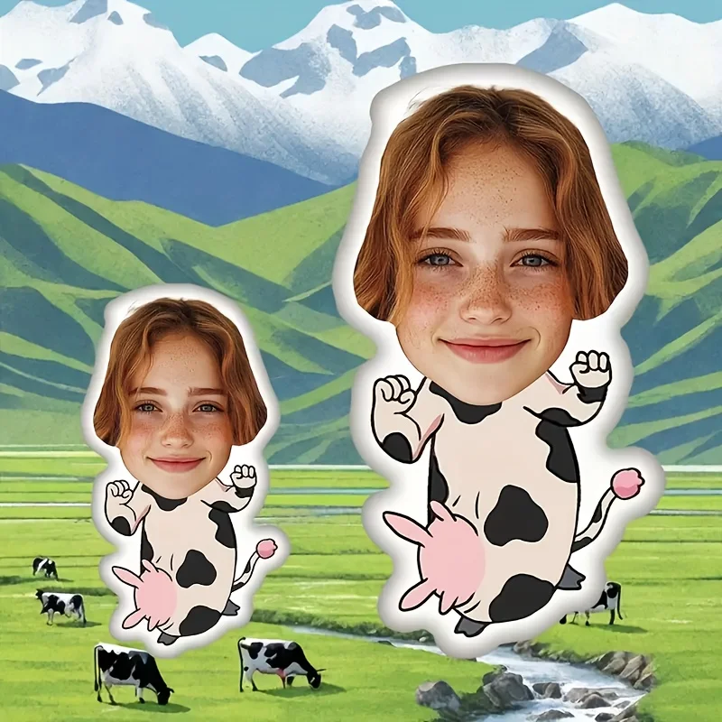 Custom Humorous Cow Hug Pillow, Featuring Personalized Face and Body Patterns Combined with Digital Double-sided Printing. Suita