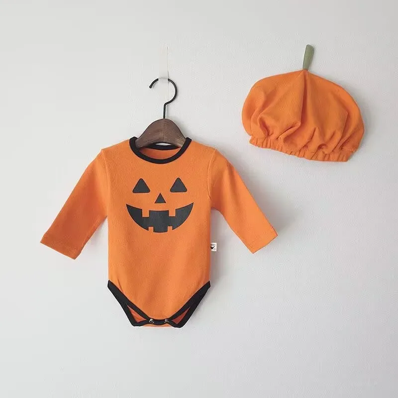 

Осенний детский костюм, боди на Хэллоуин со шляпой, милый комбинезон с тыквой, цельный комбинезон для девочек и мальчиков, праздничный наряд, топы