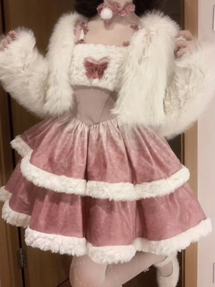 

Winter Japanese Lolita Sweet Pink Two Piece Set Women Pretty Warm Coat + Mini Cute Skirt New Design Kawaii Harajuku Suits 2024