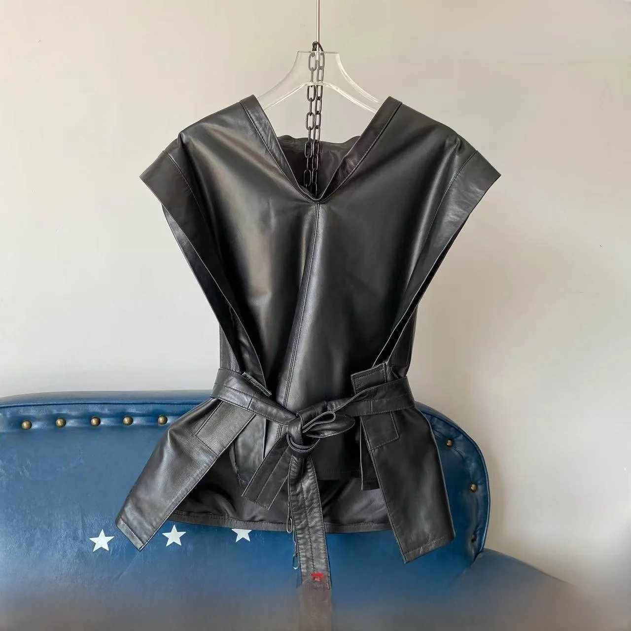 Herbst 2025, neuer Stil für Damen, echtes Eiffell-Leder, Jaet Svel, Taillen-Cinching-Ort-Mantel-Weste, asymmetrischer Pendler-Sle