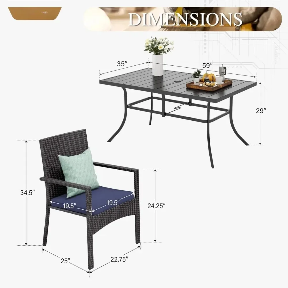 Juego de comedor para patio de 7 piezas, mesa y sillas de metal para patio, juego para 6, mesa rectangular para exteriores, juegos de comedor para exteriores para todo tipo de clima