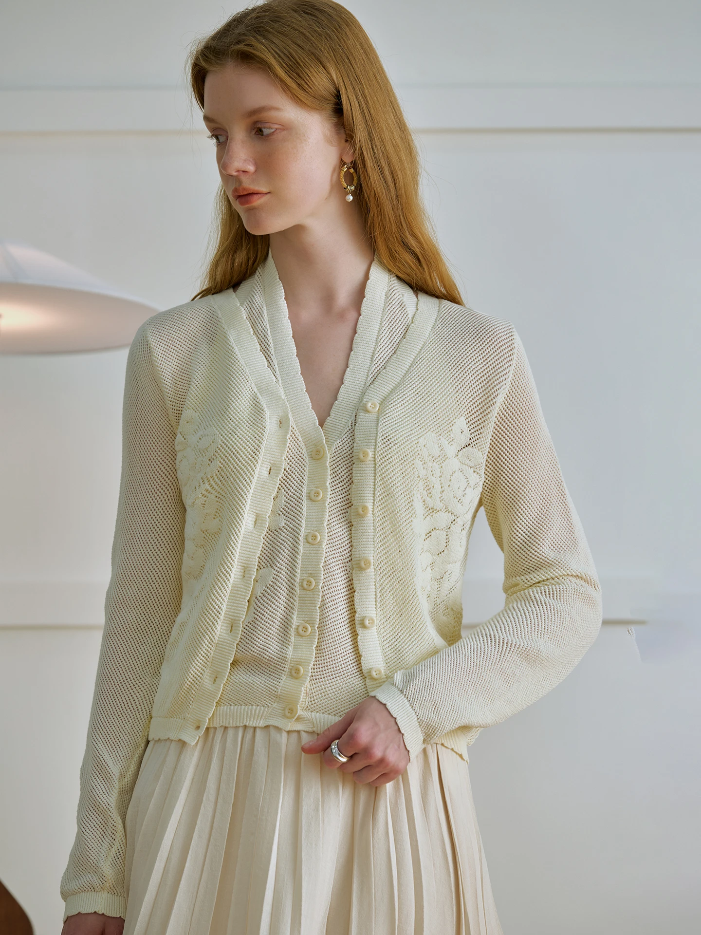 

Женский комплект из двух предметов: вязаный ажурный кардиган и жилет Oz, французский стиль, хлопок, длинный рукав, V-образный вырез