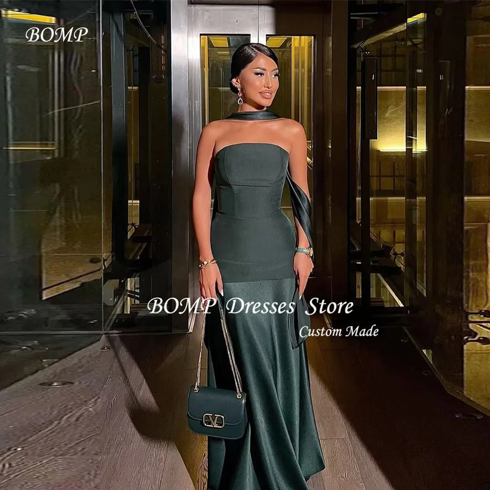 

BOMP Simple Dark Green Formal Evening Dresses Strapless Arabic Women Prom Gowns Party Dress Plus Size With Scalf Customized
