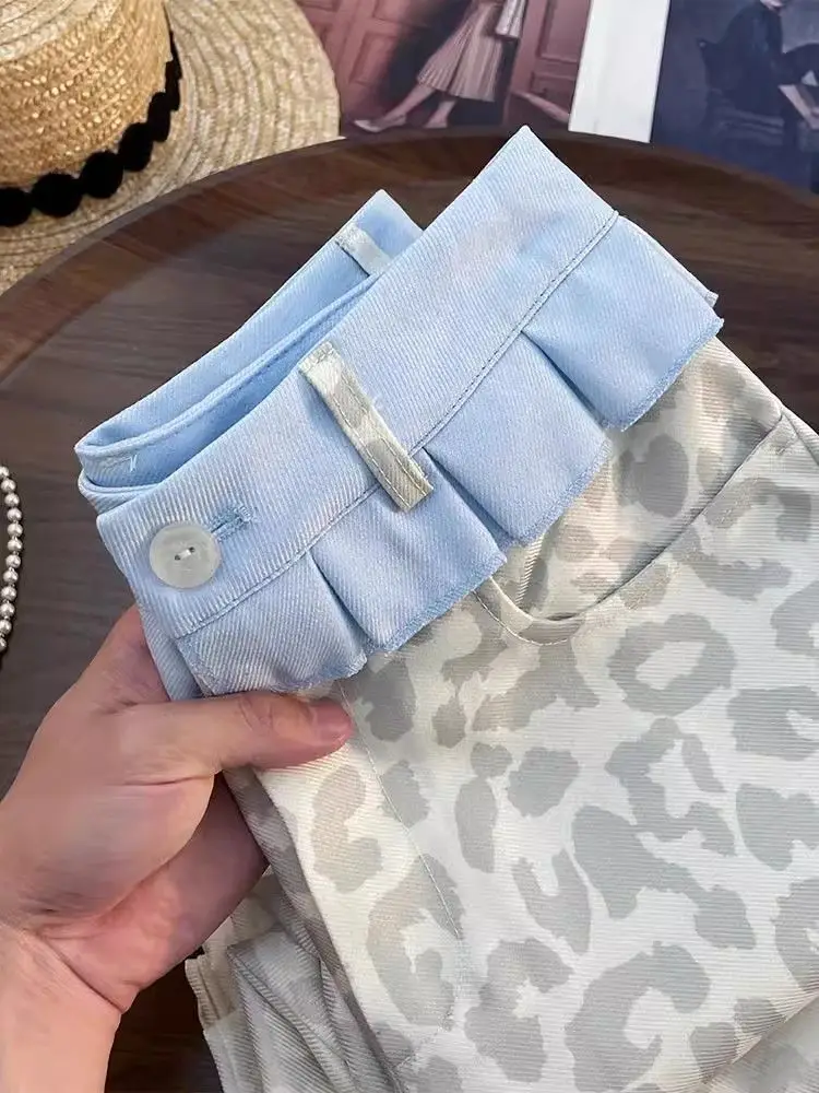 Calça jeans reta lavada americana, saia com estampa de leopardo, emenda y2k, novo nicho retrô feminino, design solto, calças de pernas largas