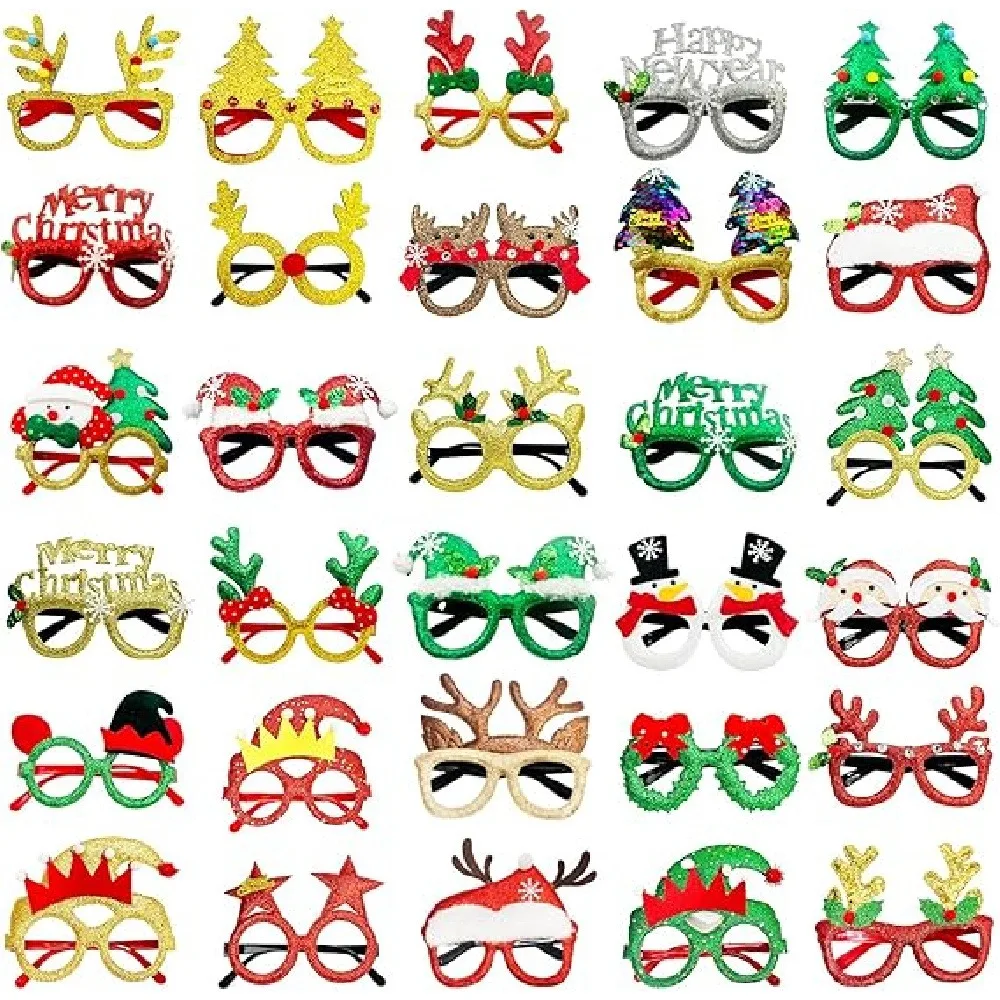 1 Pack Kids Christmas Costume Glasses Frame, Glitter Xmas Reindeer Santa Snowman Party Eyeglasses, Holiday Photo Prop Favor Toy for Kindergarten Classroom Rewards Birthday Goodie Bags