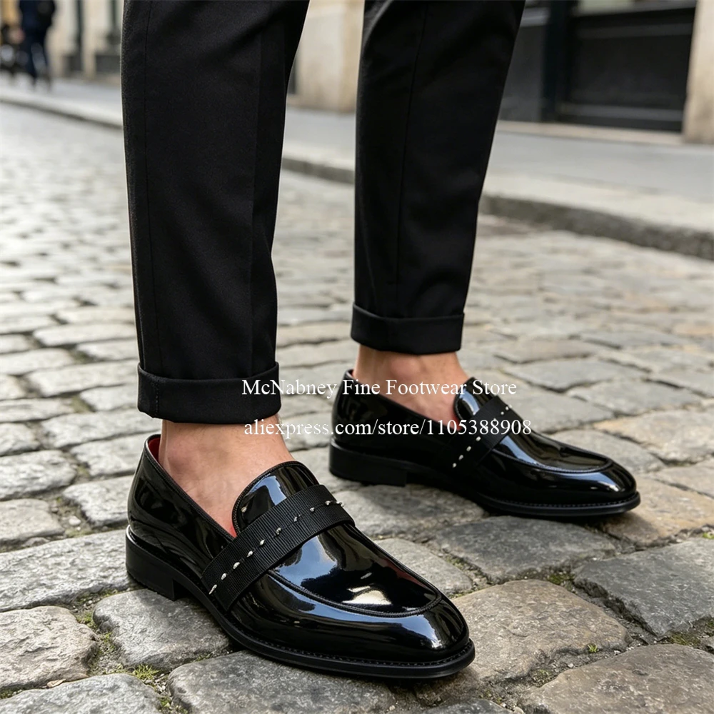 Glossy Patent Leather Rivet Ribbon Strap Penny Loafers Slip on Flats Men Formal Dress Shoes Wedding Party Business Plus Size
