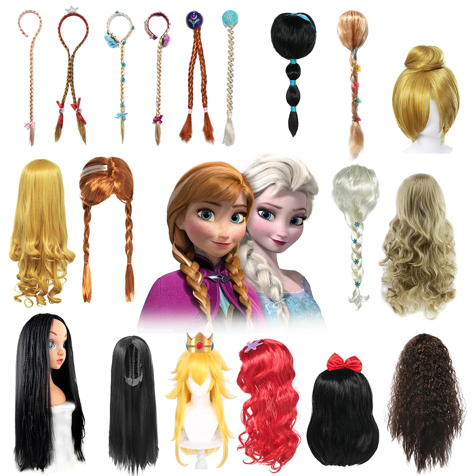 Disney Girls Elsa Anna Princess Braided Long White Blonde Anime Cosplay Wig Synthetic Pigtail Hair for Halloween Birthday Party