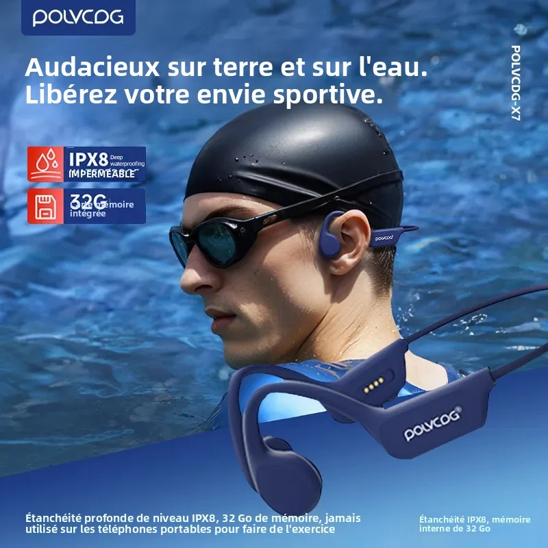 Casque à conduction osseuse POLVCDG IPX8 32 Go Bluetooth 5.3 sans fil avec microphone, étanche pour la natation, nouveauté 2024
