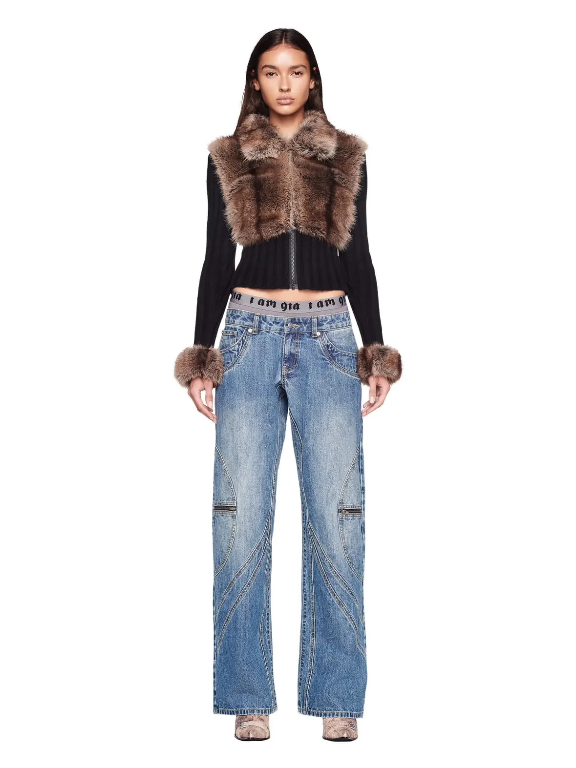 Dámská ekologická kožešinová bunda s patchworkovým vzorem, pletený svetr s klopou a zipem, teplý a moderní styl - náhled 6