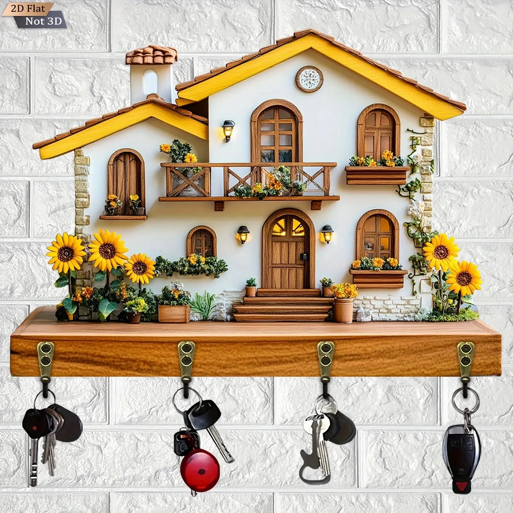 2D Retro Mew Sunflower Hut 12in Wooden Key Hanger Multi-functional Porch Wall Decoration Kitchen Storage for Farmhouse Style