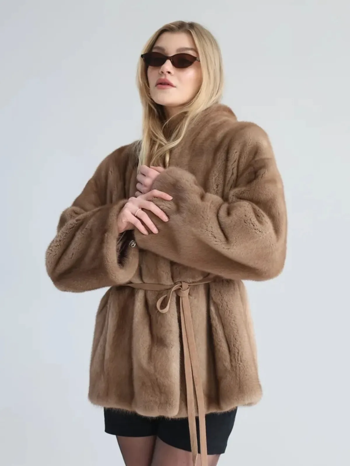 DFDG Women 2026 Belted Faux Mink Fur Coat Stand Collar Long Sleeve Loose Fluffy Warm Winter Luxury Ladies Outerwear Fur