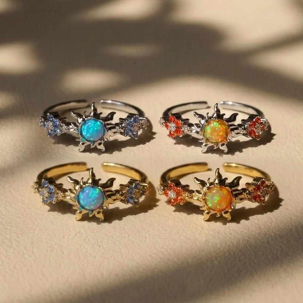 18K Gold Plated Copper Opal Sun Ring for Women Dainty Zircon Flower Adjustable Open Ring Fairycore Celestial Jewelry Gift