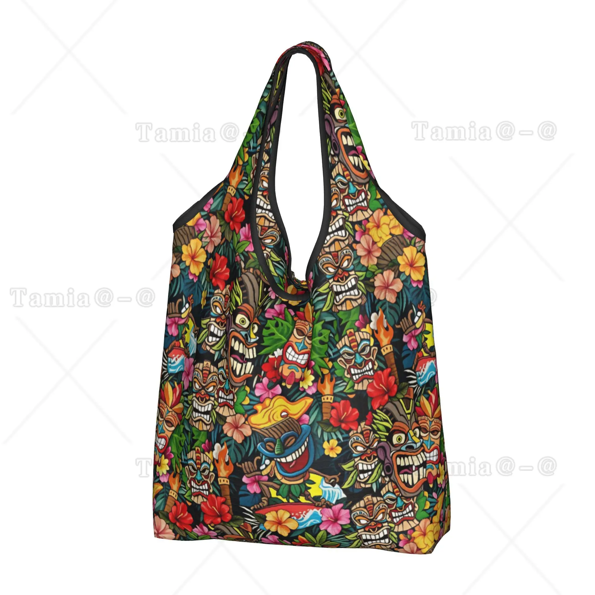 Fashion Printing Tiki Mask Tropical Plants And Flowers Tote Shopping Bag  Shopper Shoulder Hawaiian Style Palm Monstera Handbag