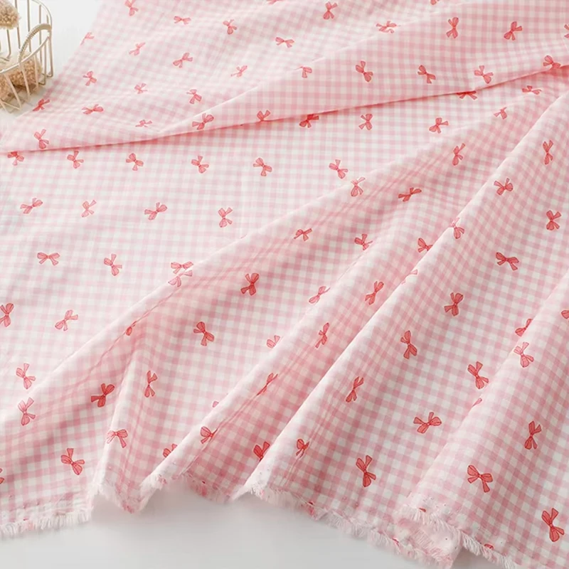 145x100cm Colorful Plaid Cotton Fabric Sweety Bowknot Print Fabric For Dress Shirts Pajamas Homewear Children's Clothing Pillow