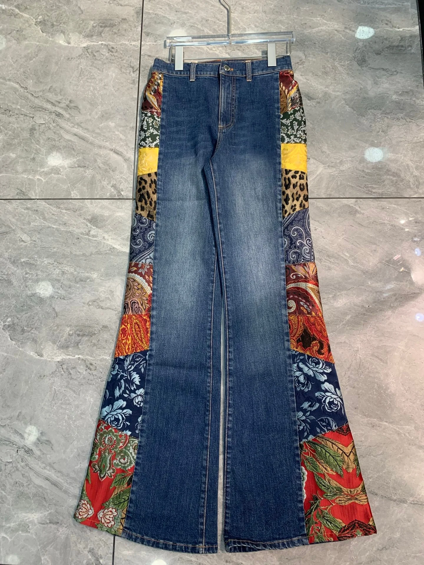 Women Color Patchwork Denim Long Pants Floral Embroidery High Waist Fashion Female Cotton Blend Flared Jeans
