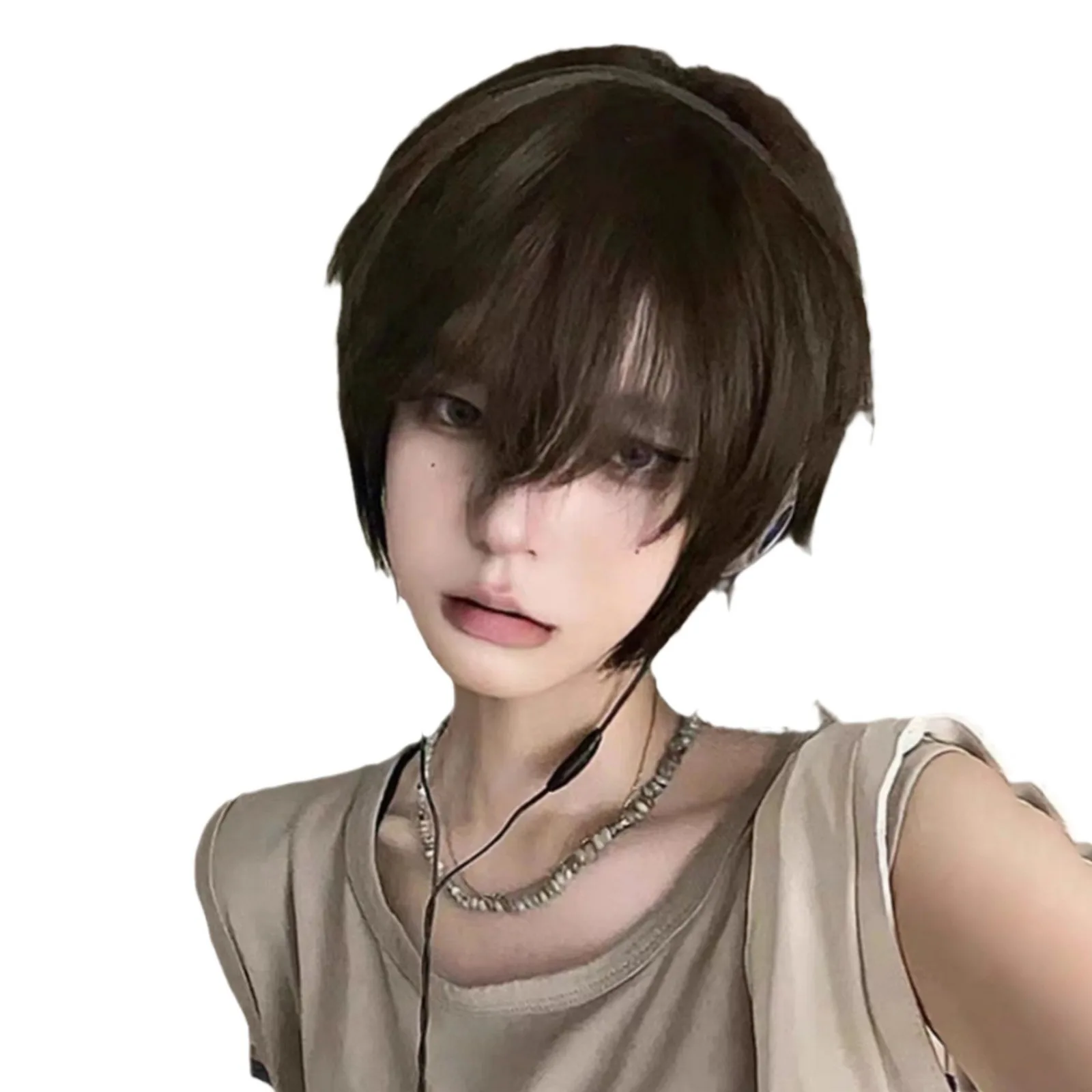 Kalte braune Kurzhaarperücke für Sommer-Cosplay, natürlicher und flauschiger, hübscher und süßer Jungenstil, voller Kopfbedeckungstyp