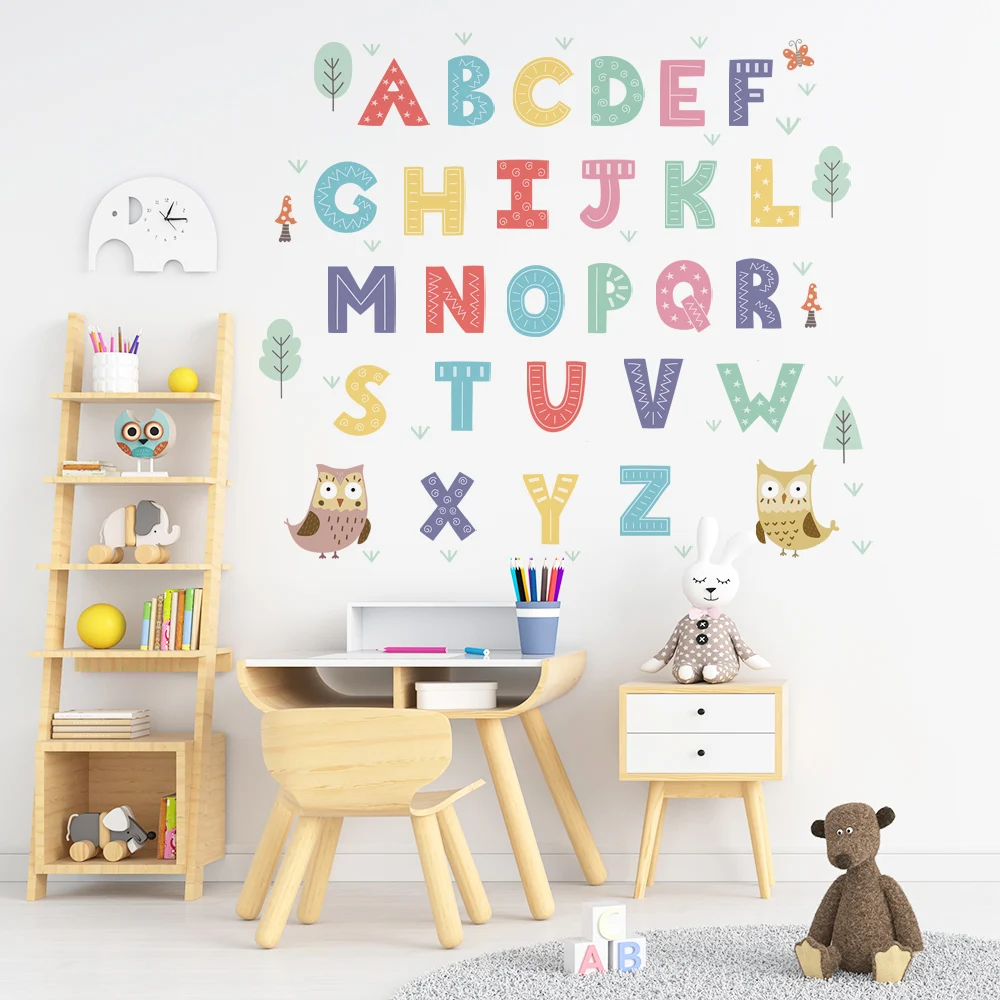 Cartoon English Alphabet Wall Stickers for Classroom Kids Bedroom Decor Eco-friendly PVC Wall Decals Home Decoration Art Murals