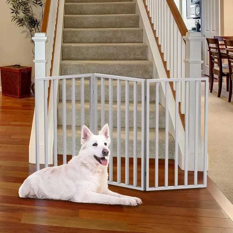 Pet Gate - 3-Panel Indoor Foldable Dog Fence for Stairs, Hallways, or Doorways - 54x32-Inch Wood Freestanding Dog Gates