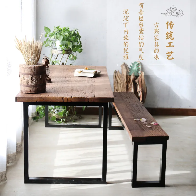 Old elm dining table iron leg table weathered door panel old bar counter wrought iron American simple tea table all solid wood d