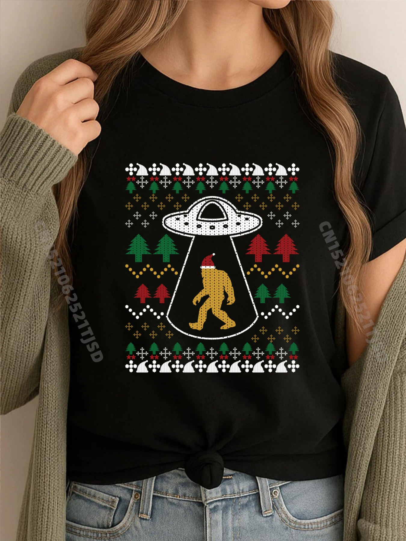 

Санта-Клаус Bigfoot Ufo Sasquatch Ugly Christmas Sweater Мужские рубашки Футболка с рисунком Молодежная мужская одежда