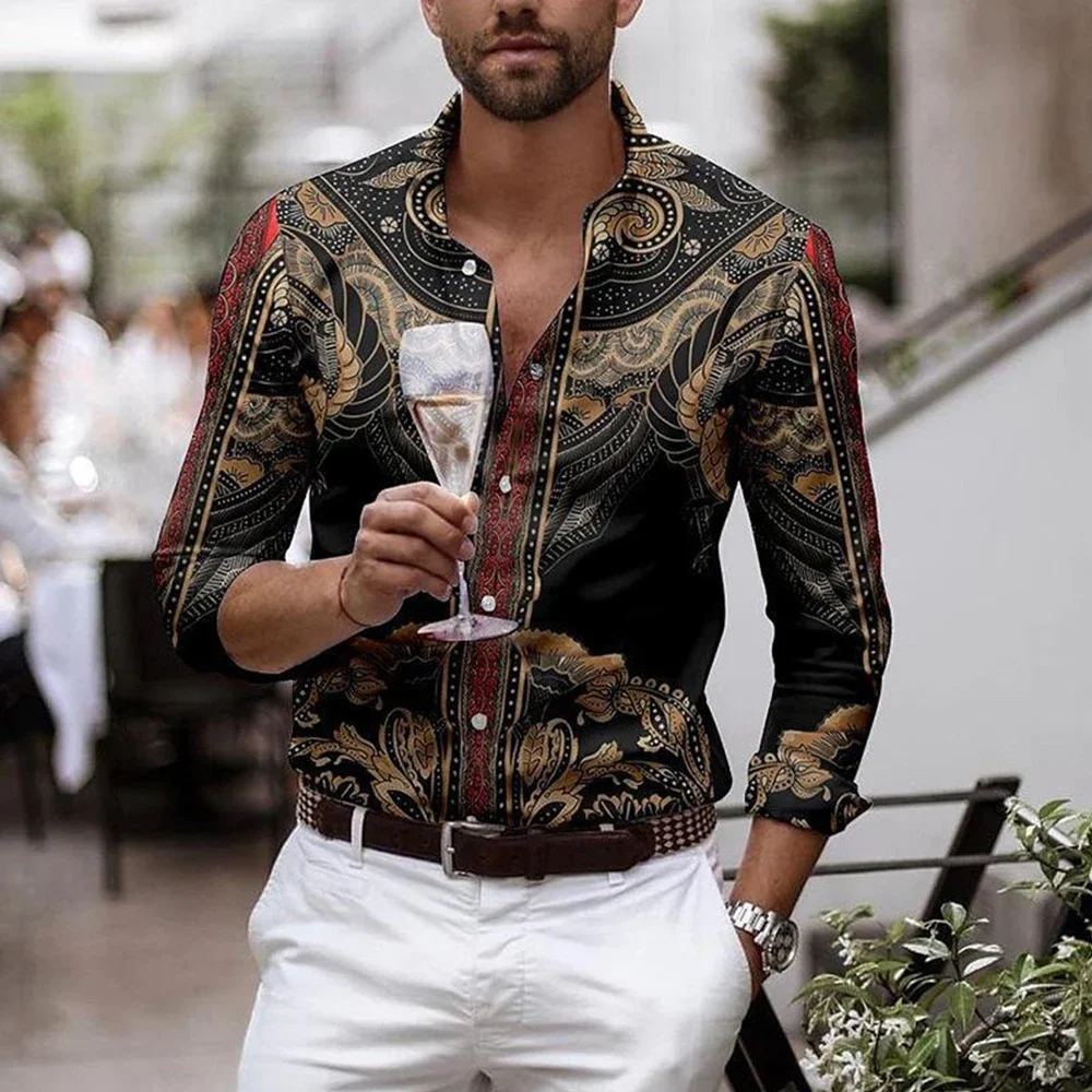 Camisa floral masculina de abotoar, camisa masculina de lapela, tops confortáveis, blusa respirável, roupa casual, elegante