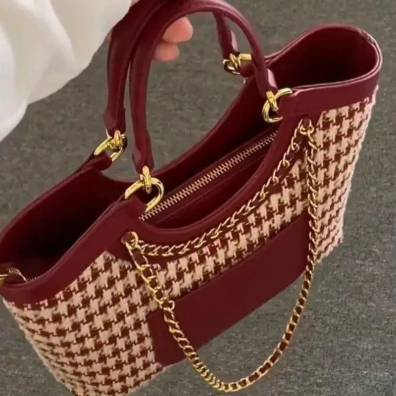 

Red Chain Houndstooth Tote Bag Women Chain Patchwork Large Capacity Shoulder Bag Ladies High End Luxury Design Crossbody Bag New