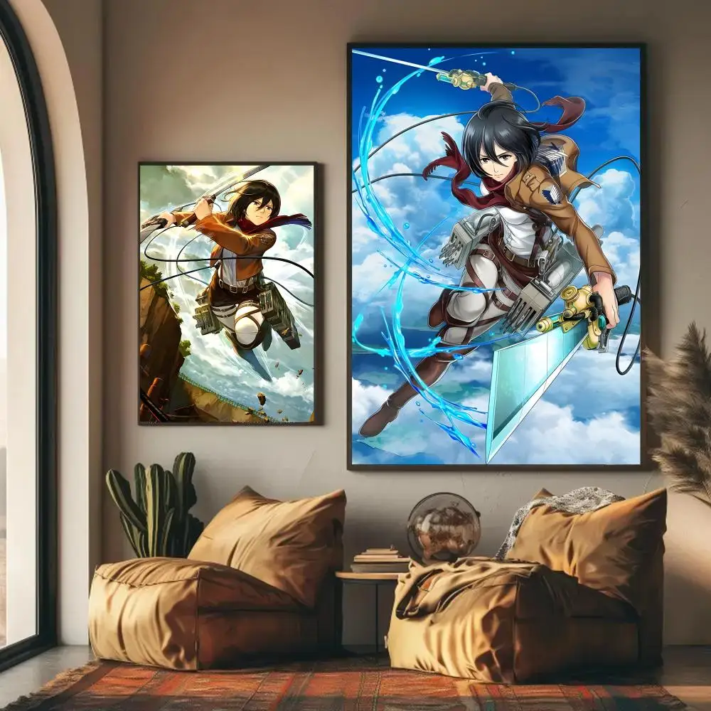 Mikasa Ackerman Anime Poster Home Living Bed Room Bar Hallway Sticky Wall Art Printing Waterproof Aesthetic Decor
