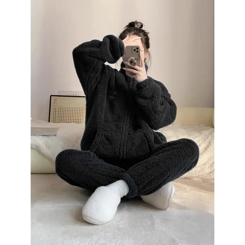 Coral Velvet Pajamas Female Autumn Winter Flannel Set Thick Warm Zipper Big Pocket Two-piece Pajamas for Women Can Worn Outside