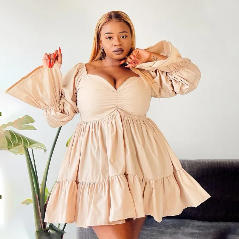 8216 Plus-size Women's Random Solid-color, Fitted, Lantern-sleeve, Elegant Long Clothes Summer Maxi Dress Maxi Y2k、 Femme