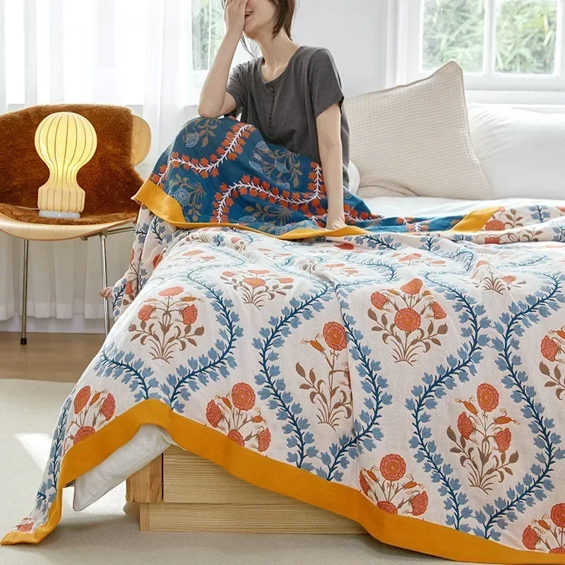 European Cotton Bed Blanket Gauze Towel Quilt Four Seasons Breathable Leisure Travel Bedspread Cover Adult Bed Sheet