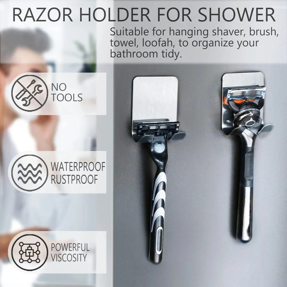 Razor Holder For Shower Stainless Steel Waterproof Wall Adhesive Shaver Hooks Bathroom Kitchen Organize Plug Hook Hanging Towel