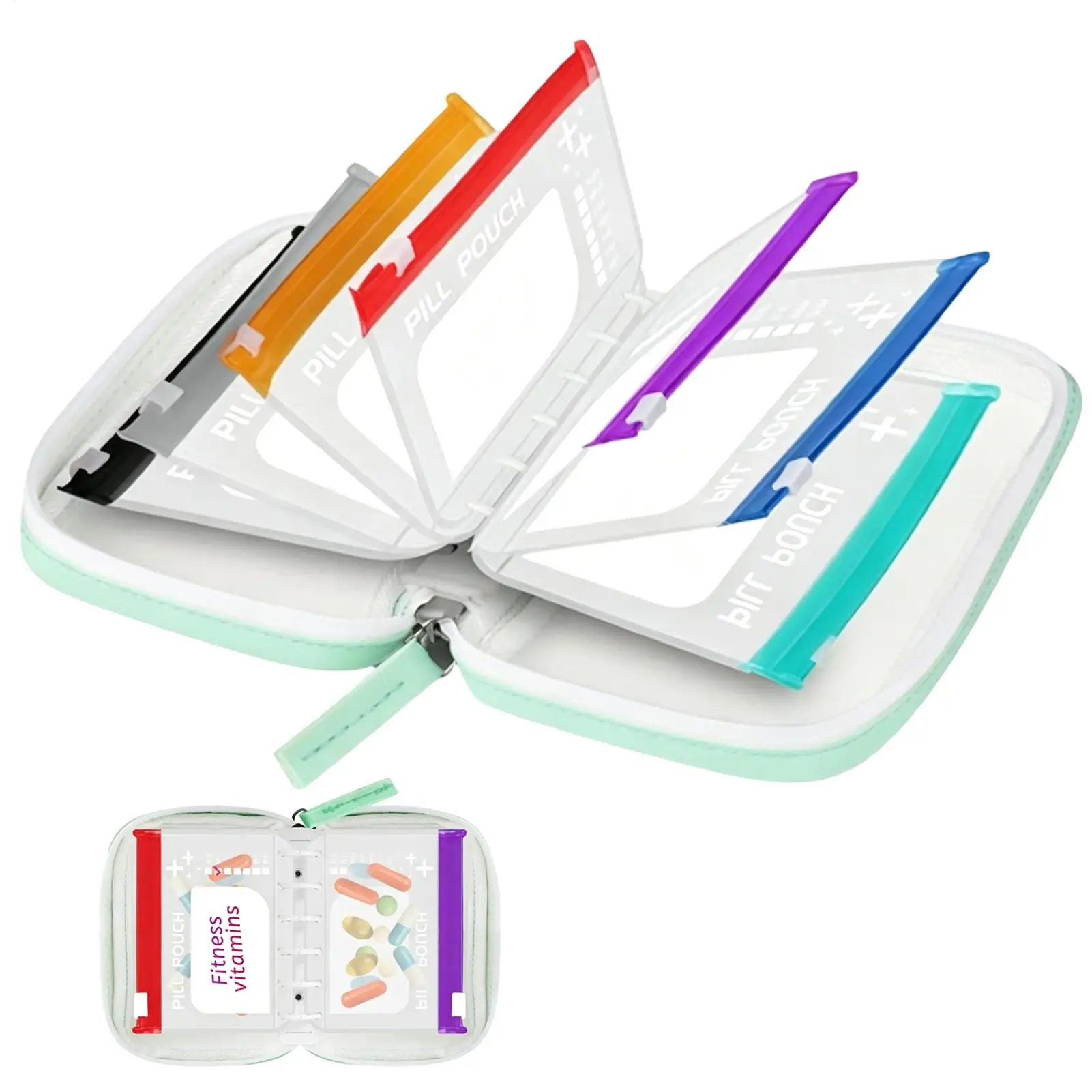 Portable Travel Storage Bag with Divided Compartments and Self-Sealing Pouches Color Coding Zippered Reusable Travel Pill Pouch