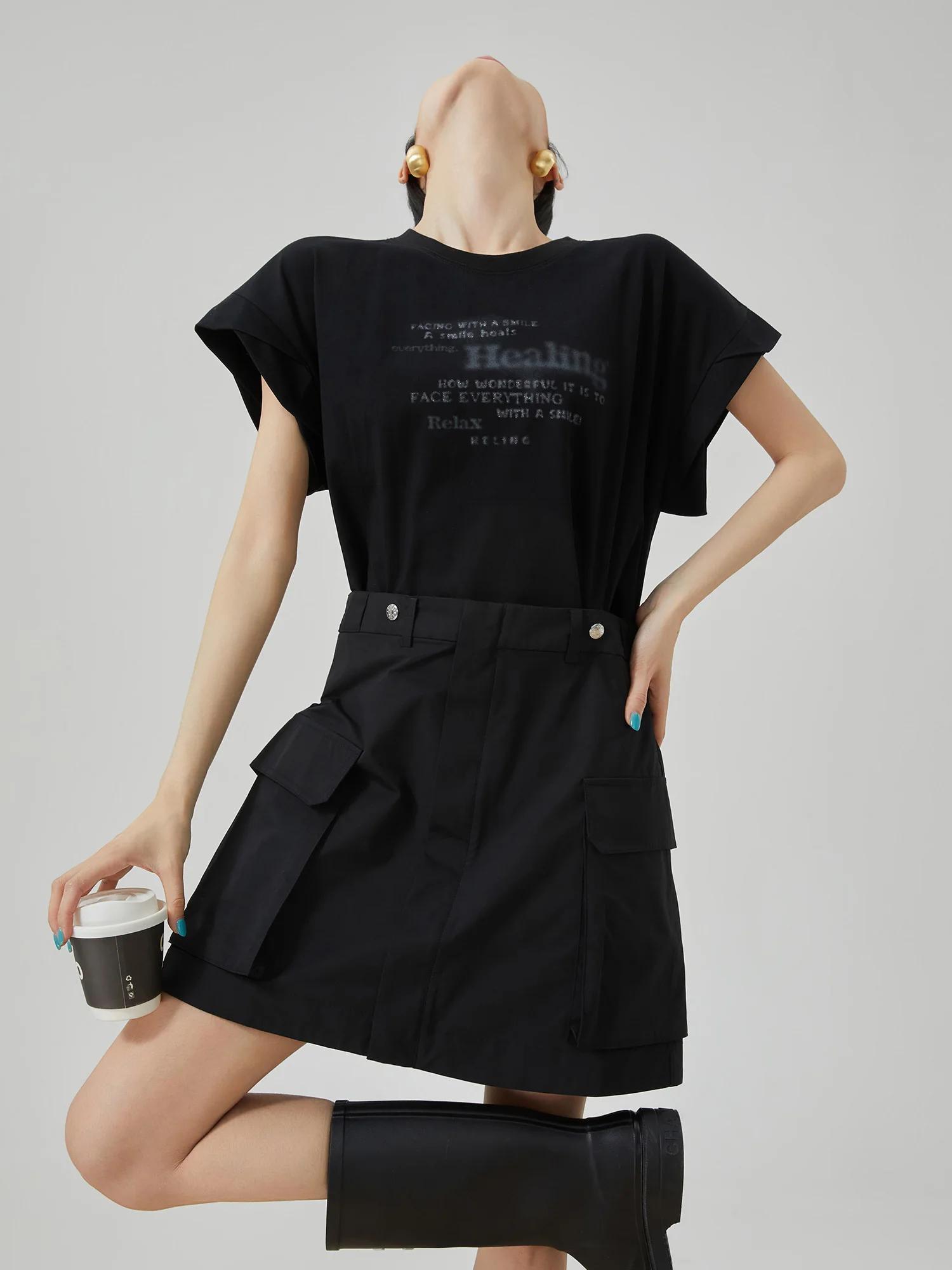 

Loose Fit Short Sleeve T-Shirt Print Dress Women's Summer New Casual A-Line Skirt Splicing Design round Neck Button Closure