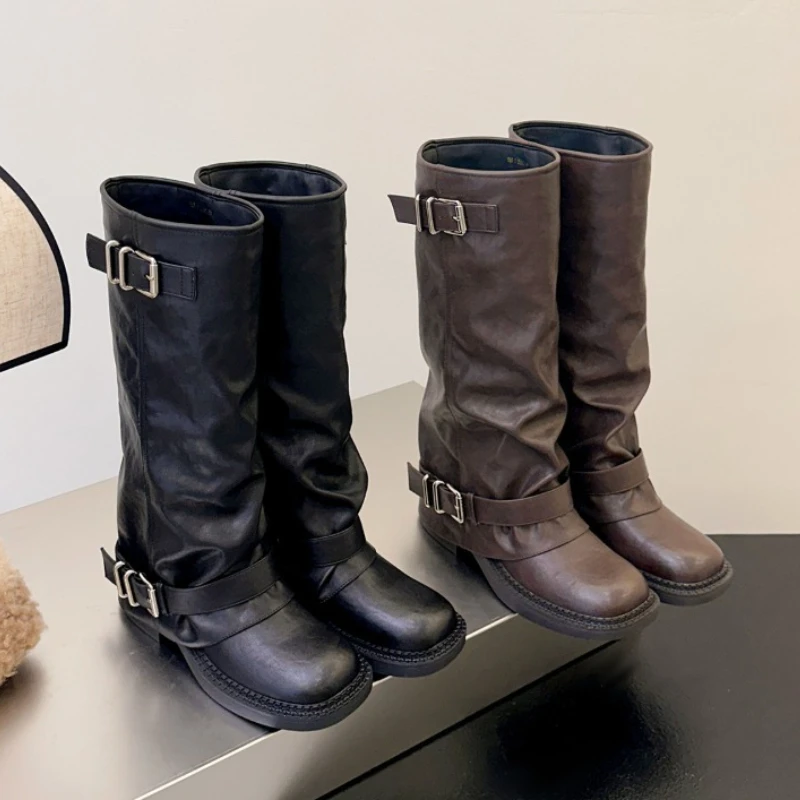 Autumn Winter Women Knee High Boots Metal Buckle Decor Round Toe Block Heel Shoes Ladies Concise Leather Knight Long Booties