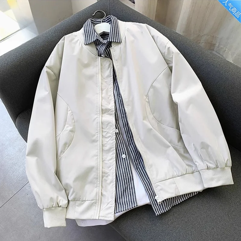 

Spring Autumn Thin Men's Jaet Loose Outdoor Workwear Large Size Stand Collar Windbreaker Korean Trend ort Coat