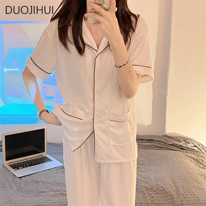 DUOJIHUI Two Piece Simple Casual Home Pajamas for Women Summer Ins Chicly Button Cardigan Basic Pant Fashion Female Pajamas Sets