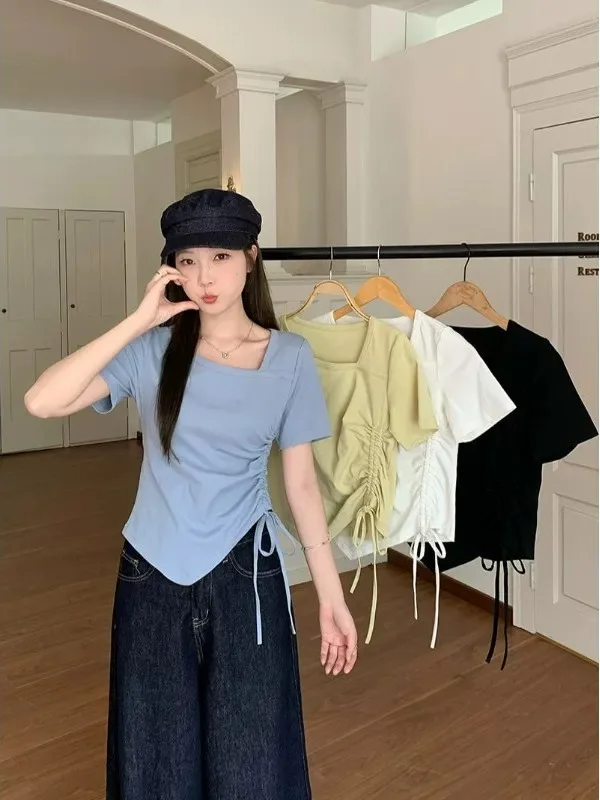 plus Size Drawstring Waist Short Sleeve T-Shirt Women's Summer New Style 300 Pounds Fat MM Slimming Top Short Length