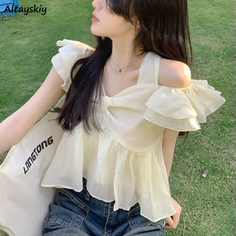 Blouses Women Summer Bow Crop Tops Flying Sleeve Sweet Girls Lovely Students Korean Style Fashion Solid Casual Simple All-match