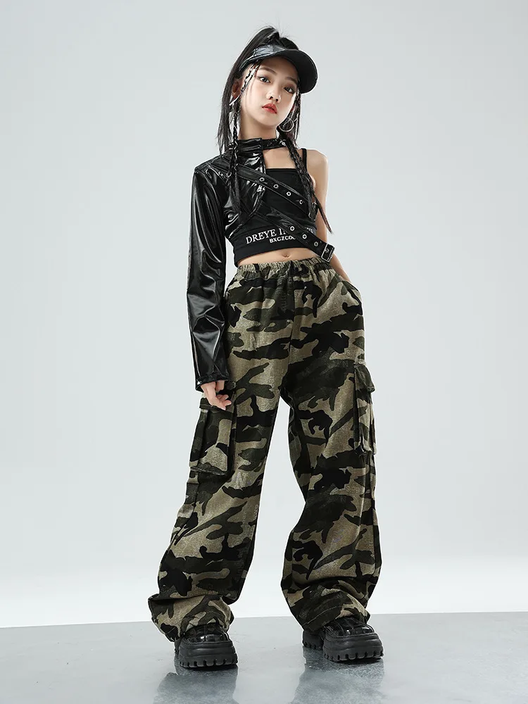 Mädchen Hip Hop Crop Top Manschette Camouflage Cargo Hosen Kleidung Sets Kind PU Leder Street Dance Jogger Kinder Streetwear Kostüme