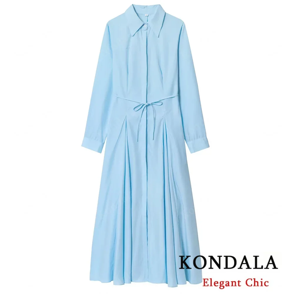KONDALA Elegant Women Shirt Dress Slim Waist Lace-up Long Dress 2025 Spring Fall Fashion Commute Sweet Long Sleeves Lady Dress