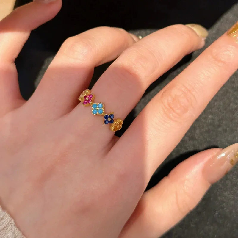 Women's Colorful Four-Leaf Ring, 925 Silver
