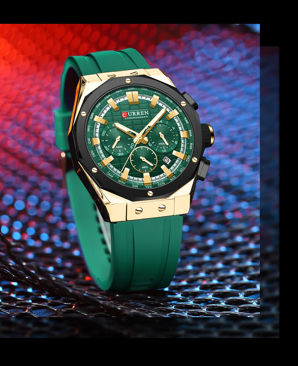 CURREN Luxusmarke Hochwertige Chronograph-Leuchtuhren für Herren mit Silikonarmband, Lässige Sportliche Wasserdichte Quarz-Armbanduhr – Detail 15