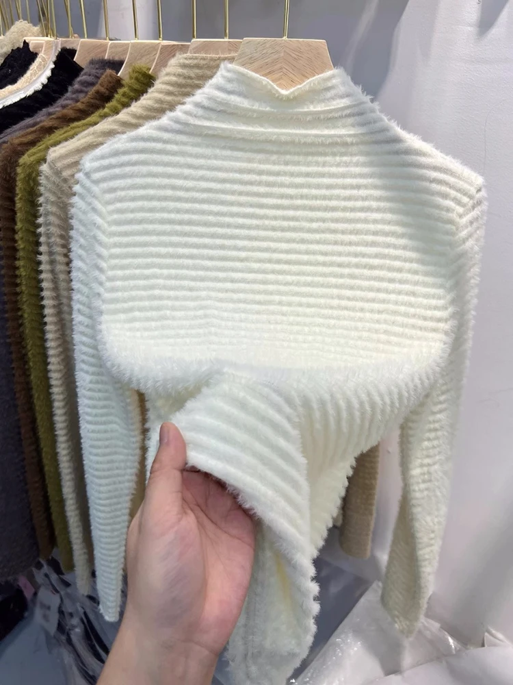 

2025 корейский стиль, водолазка с длинными рукавами, женский осенне-зимний утягивающий вязаный топ, однотонный мягкий теплый пуловер