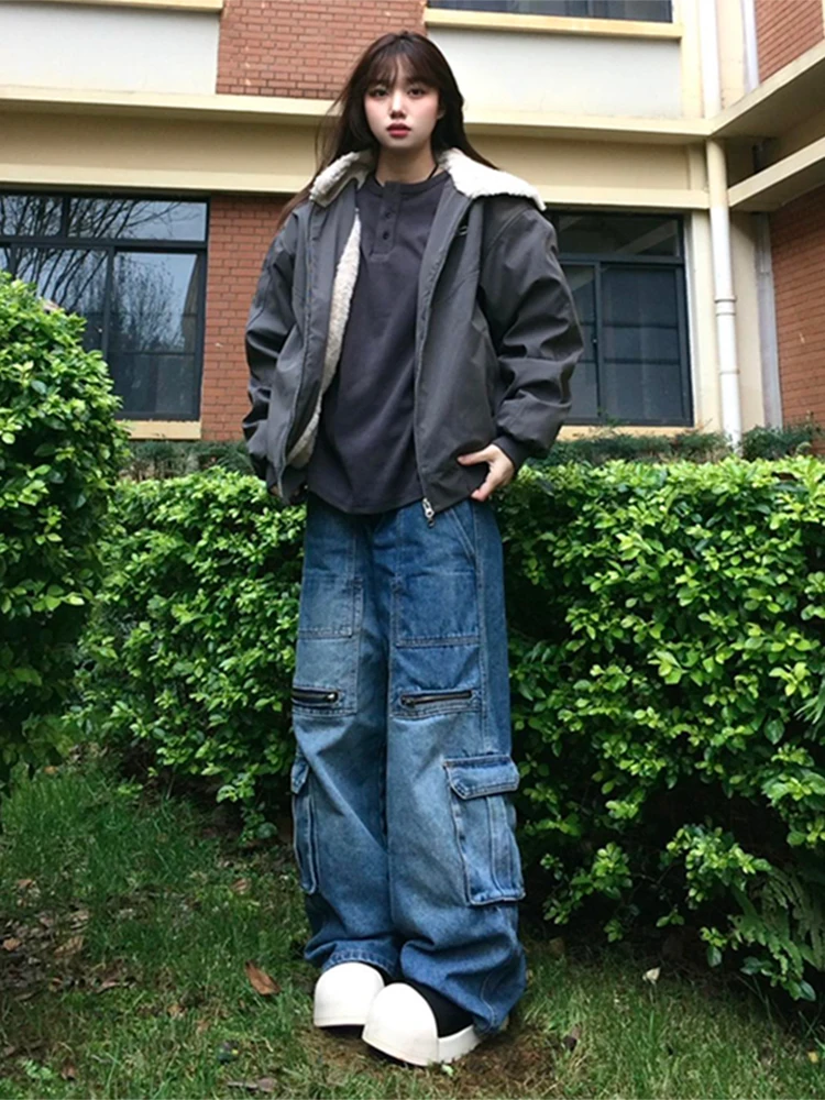 

Мужские джинсовые брюки в стиле ретро, синие, с множеством карманов, повседневные, свободного прямого кроя, широкие штанины, американский стиль, осень-зима