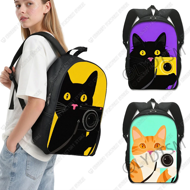 

Kawaii Kitten Holding A Camera Pattern Backpack Cute Cat Taking Photos School Bag Women Rucksack for Travel Laptop Book Bag