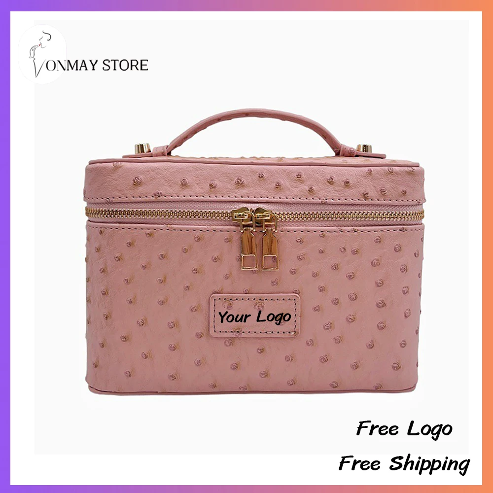 Private Label Makeup Bag Custom Logo Ostrich Print Leather Handbag High-end Feel Small Square Bag Cosmetics Toiletrie Makeup