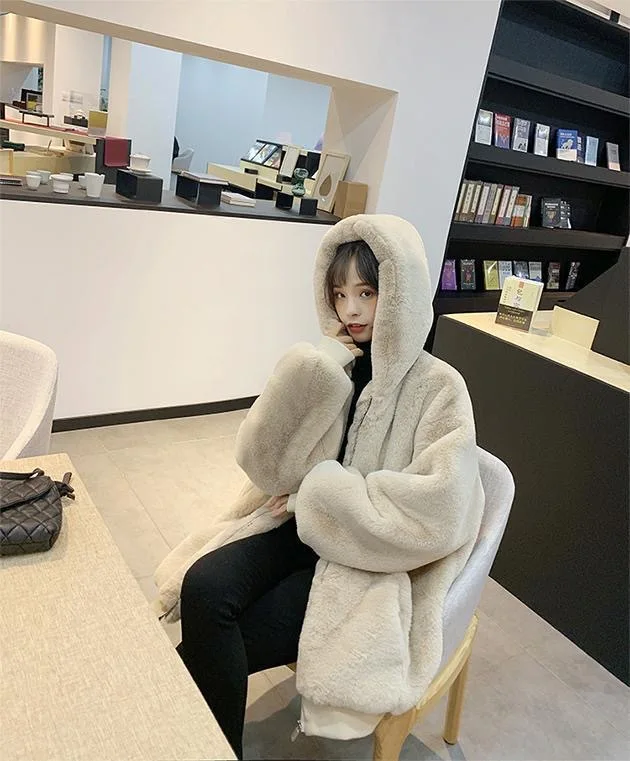 Women Faux Rabbit Fur Coats Solid Fur Jackets Pokcet Zipper Hooded Cotton Linen Long Sleeves Loose Fit Casual 2026 Autumn Winter