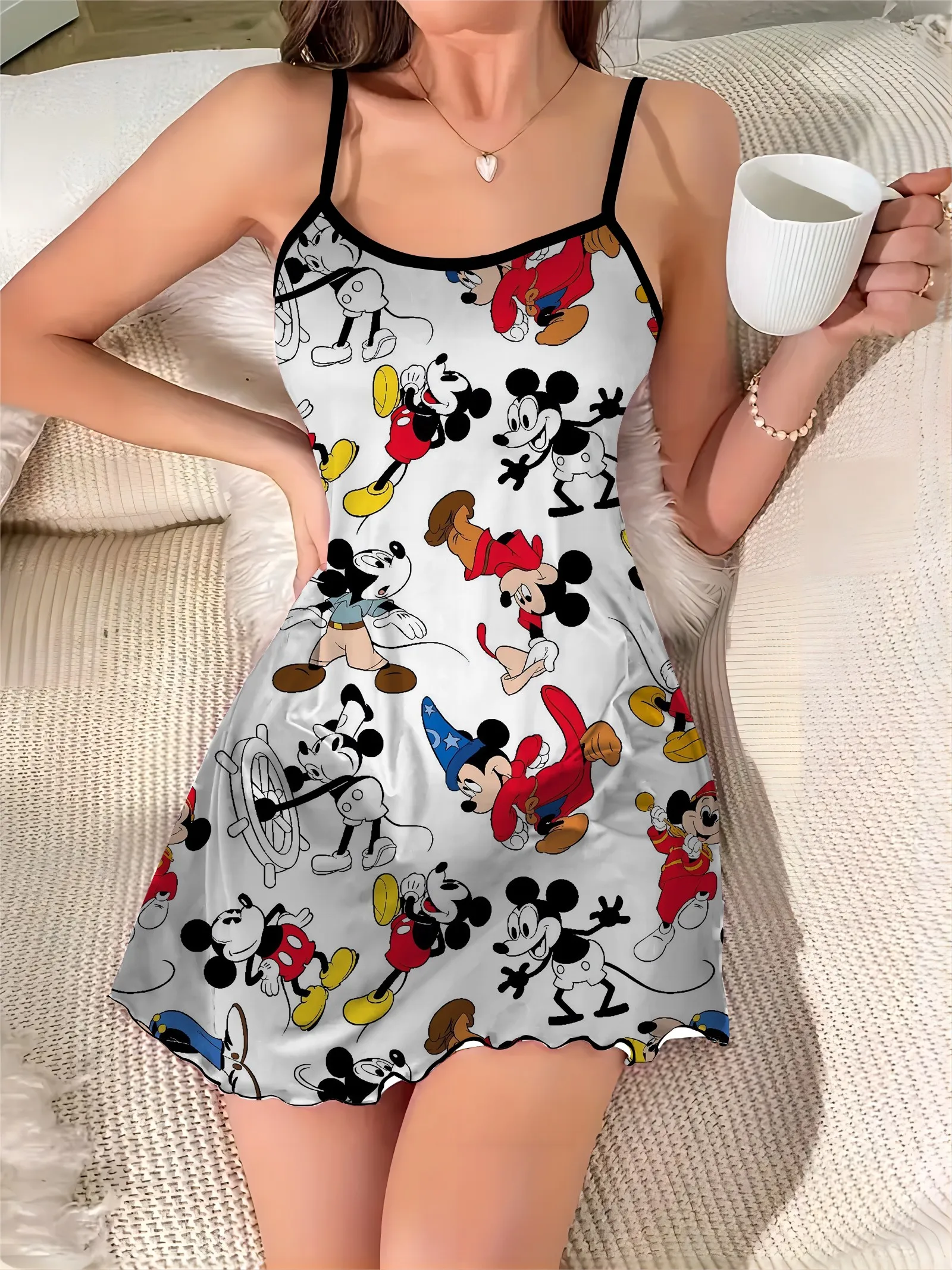 Sexy Dress Mickey Disney Crew Neck Lettuce Trim Minnie Mouse Fashion Summer Dresses 2024 Satin Surface Pajama Skirt Elegant Chic