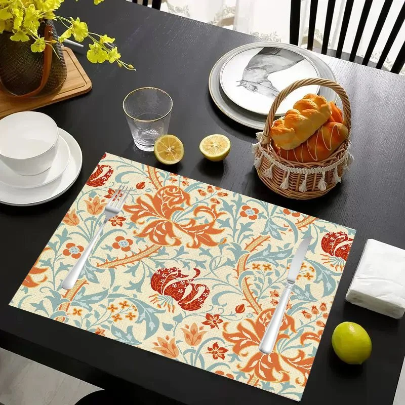 VIKAMA Placemat Orange Blue Floral Vines, Waterproof Oil-Proof Heat-Resistant Non-Slip Dining Table Mat