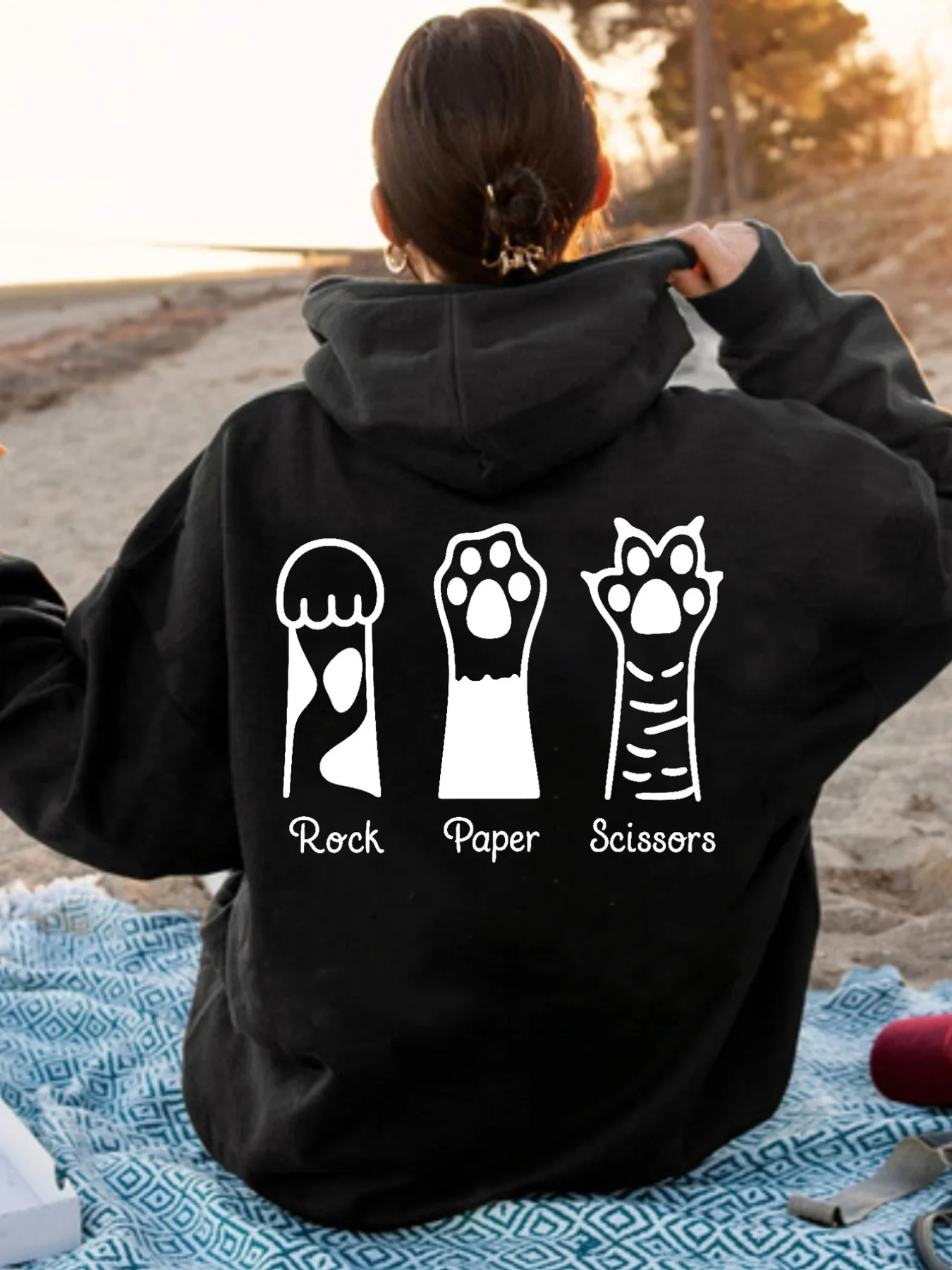 

Women's Lightweight Hoodie - Black with White Lettering & Paw Print Design - Soft Slim-Fit Long Sleeve Sweatshirt with Front